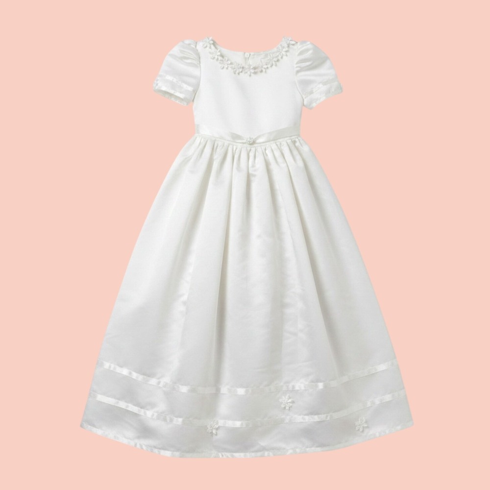 Vintage Girl's Formal Gown Dress 6 Ivory Satin Floral Confirmation Communion